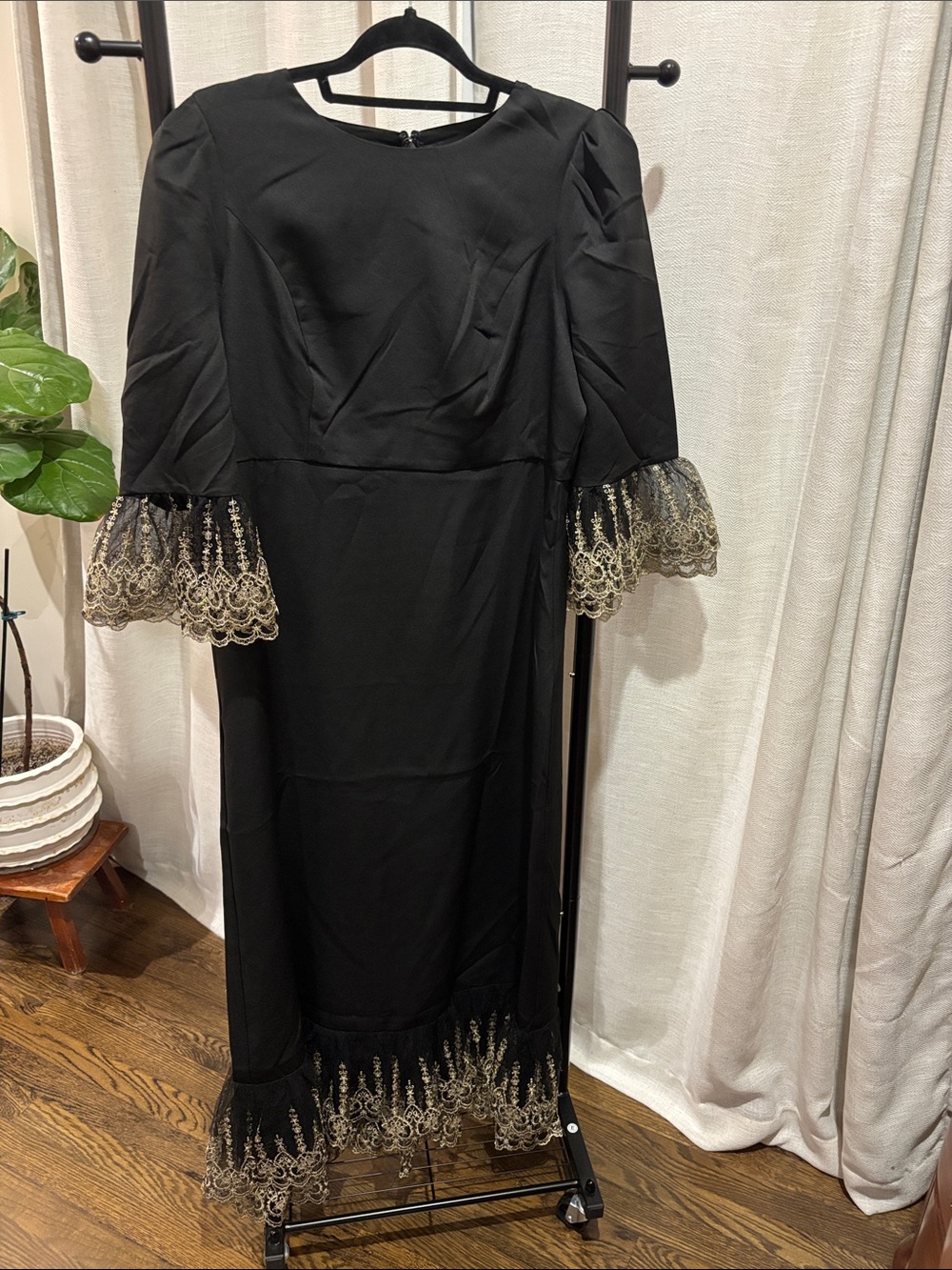 Pomander Place Black Dress with Gold Lace Trim